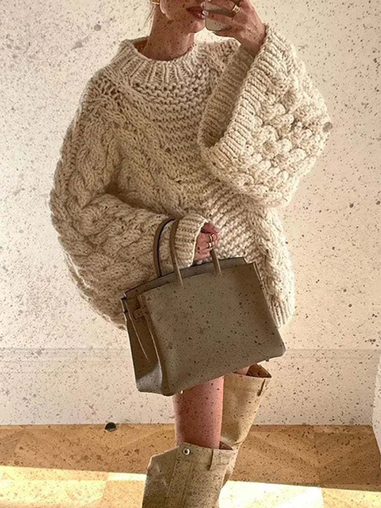 Damen lose dicke Linie Strick pullover o Hals Laterne Ärmel Strickwaren Herbst Winter solide passen alle Pullover Mode Pullover