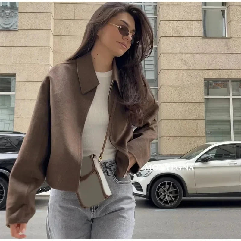 Mode Braun Zipper Woolen Jacke Für Frauen Elegante Revers Langarm Kurze Mäntel Weibliche Vintage Herbst Dame Straße Oberbekleidung