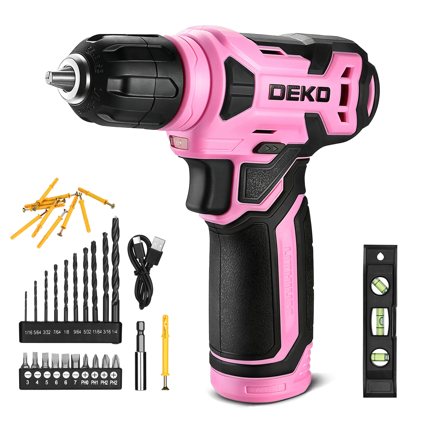 DEKO 8V Akku-Bohrschrauber-Set, 3/8 Zoll Schnellspannbohrfutter, integrierte LED, kabelloser Mini-Power-Treiber mit Schraubensatz, Elektroschrauber