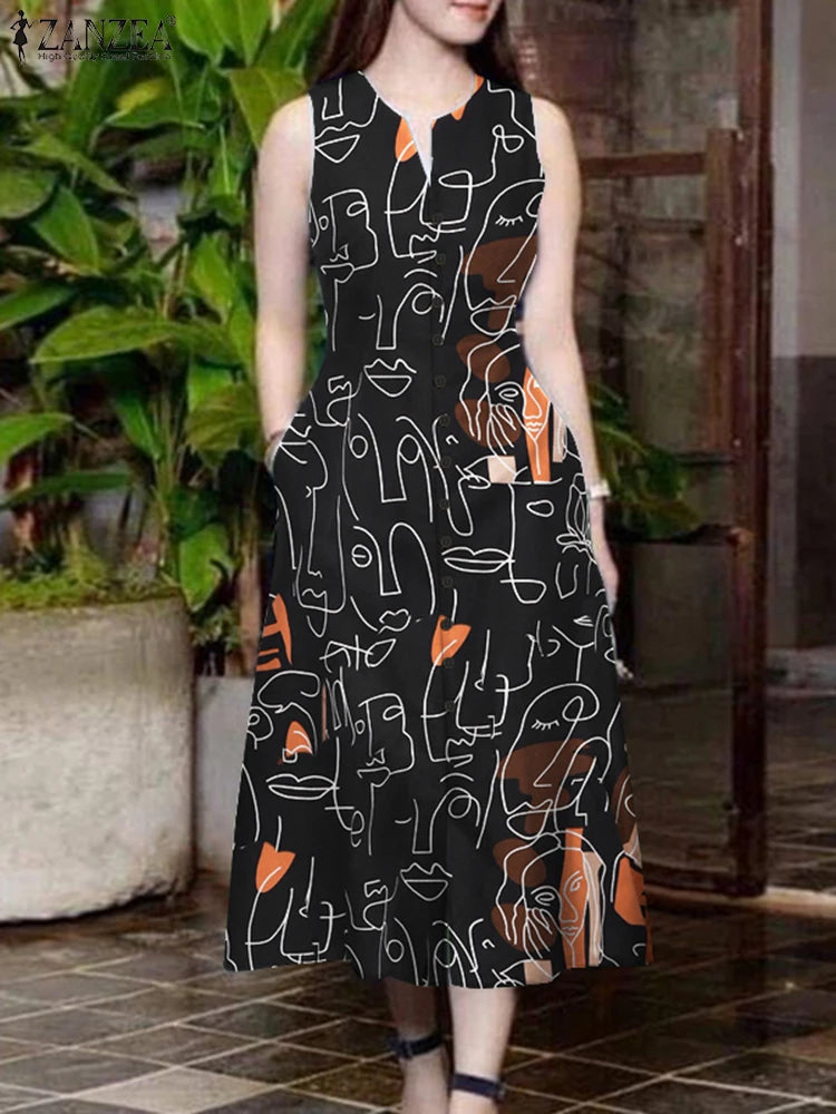 ZANZEA Elegante Damen-Midikleider, Sommer, ärmellos, Party-Sommerkleid, stilvoll, V-Ausschnitt, Urlaub, Arbeit, Vestidos, bedruckt, A-Linien-Kleid