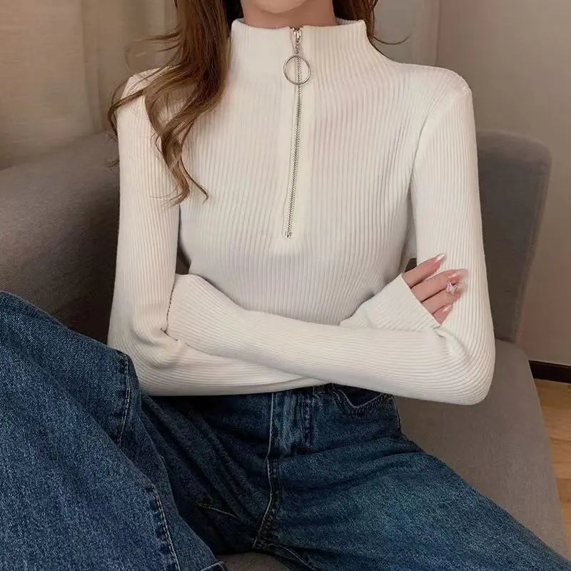 Frauen Fashion Solid Strick Pullover Vintage Langarm Zip-up Grundlegende Hälfte Rollkragenpullover Weibliche Pullover Chic Casual Tops