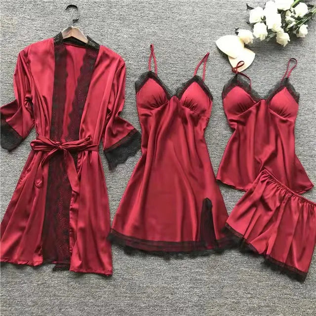 4PCS Nachtwäsche Pyjamas Set Seide Frauen Nachthemd Spitze Kleid Robe Schlaf Nachtwäsche Seide Einfarbig Pijama Sets