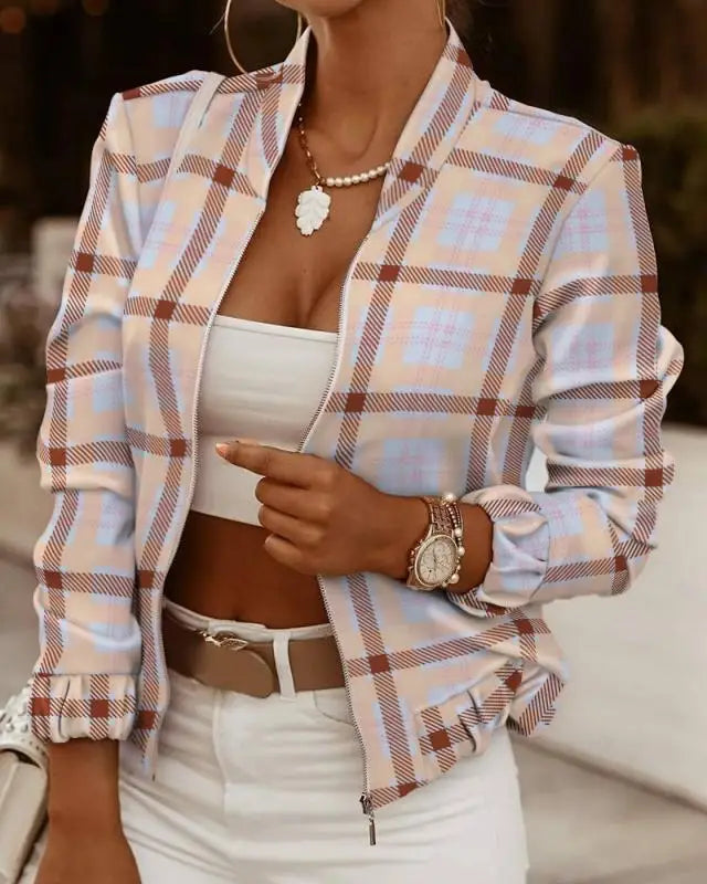Mode Frauen Jacken Dünne Kurze Mäntel Herbst Vintage Print Lange Sleeve Zipper Dünne Jacke 2024 Casual Oberbekleidung Weibliche Jacke