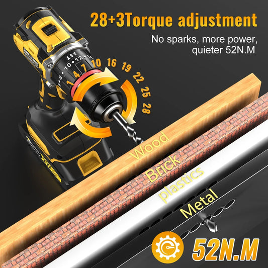 CONENTOOL 28+3 Drehmoment Elektrischer Bohrschrauber Bürstenloser kabelloser Akku-Bohrschrauber 2 Batterien Multifunktionales 27-teiliges Set