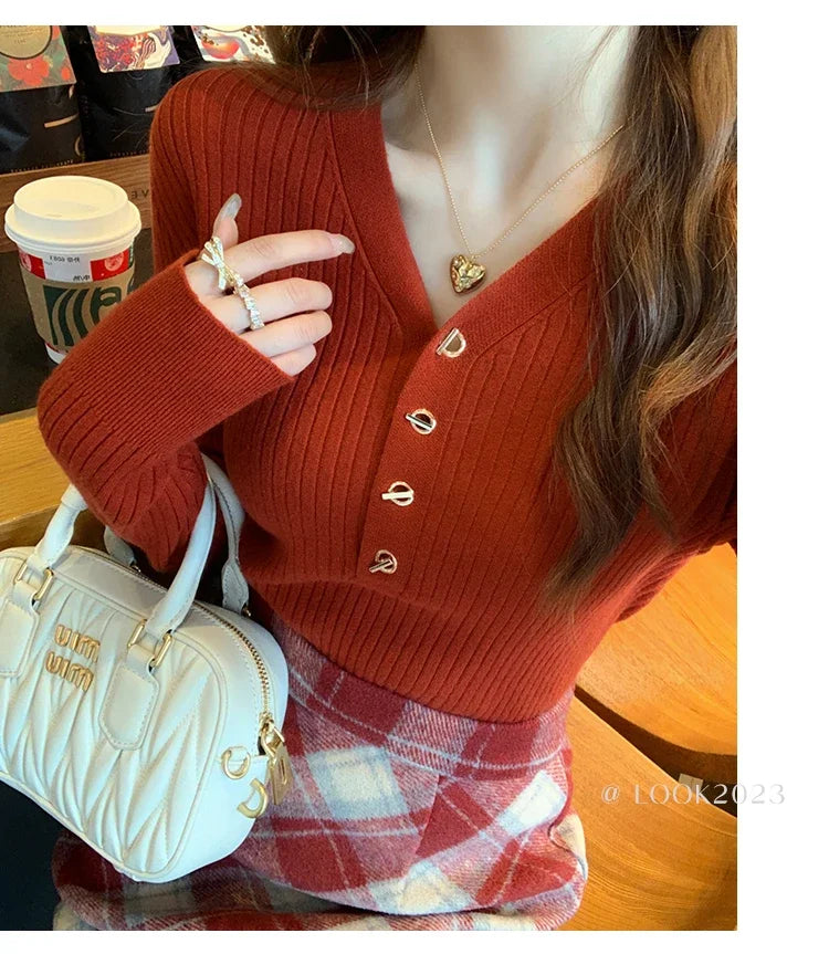 2023 herbst Winter Frauen Pullover Beiläufige Dünne Taste Gestrickte Pullover Pullover Femme Grundlegende Solide Jersey Tops Mode Kleidung