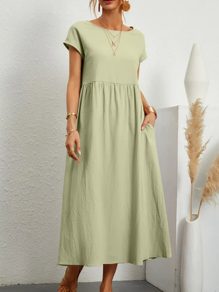 Vintage Solide Midi Kleid Casual Kurzarm Baumwolle und Leinen Harajuku Übergroßen Langes Kleid Frauen Sommer Y2K Maxi Sommerkleid 2023
