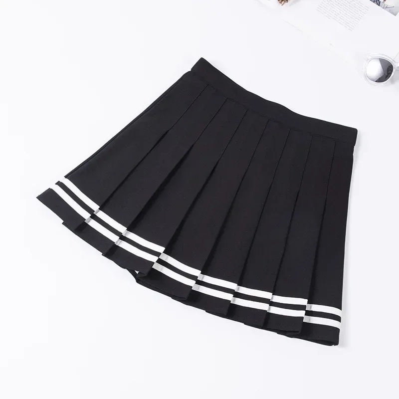 Women Harajuku Sweet Fresh Feeling High Waist Pleated Skirt Elastic Waist Cross Embroidery Skirt Pleated Skirt.