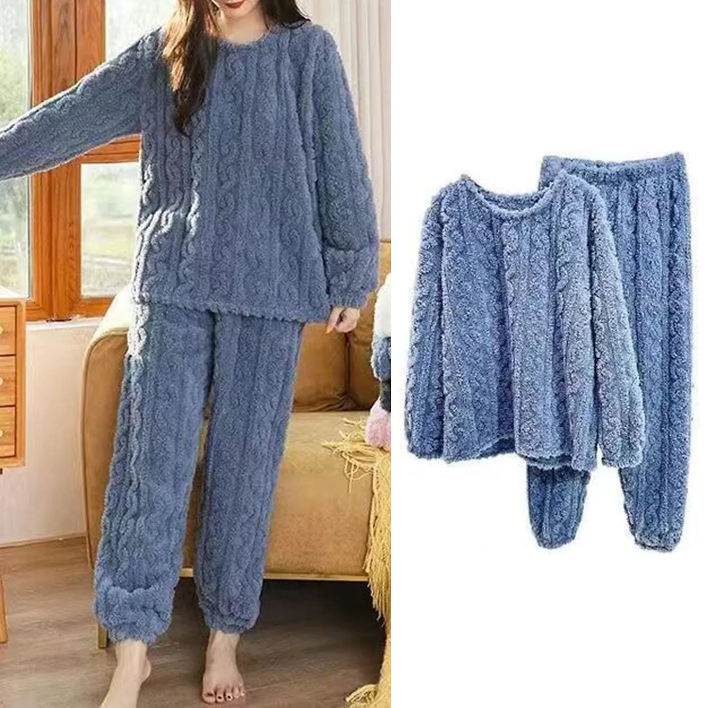 Winter-Pyjama-Set, stilvolles Winter-Pyjama-Set für Damen, warmer Plüsch, 2-teilige Nachtwäsche, bequeme Pullover-Hose für den Herbst