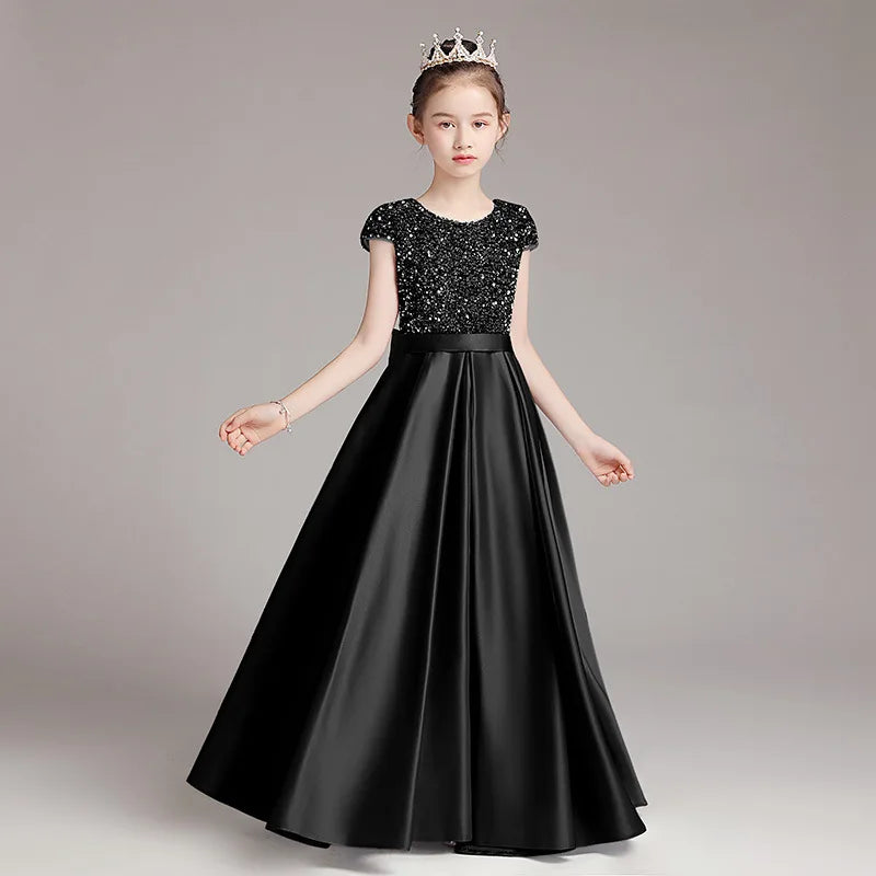 Mädchen-Klavierkleid, graues Pailletten-langes Performance-Kleid, Prinzessinnenkleid, Kinder-Host-Show-Performance-Kleid, Sommer
