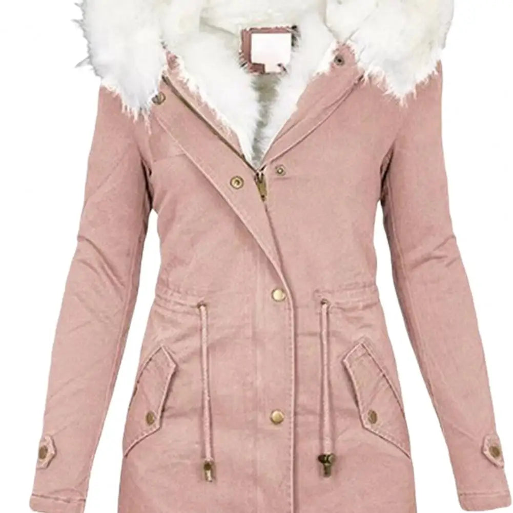 Verdickter Damen-Winter-Baumwollmantel, Kunstpelzkapuze, Fleece-Reißverschluss-Knopfjacke, winddicht, mittellang, schlanke Oberbekleidung