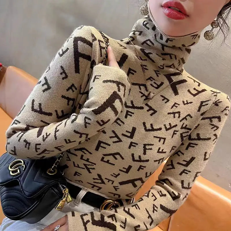 Frauen Kleidung Elegante Mode Brief Stricken Pullover Herbst Winter Casual Alle-spiel Halb Hohen Kragen Langarm Pullover Schlank top
