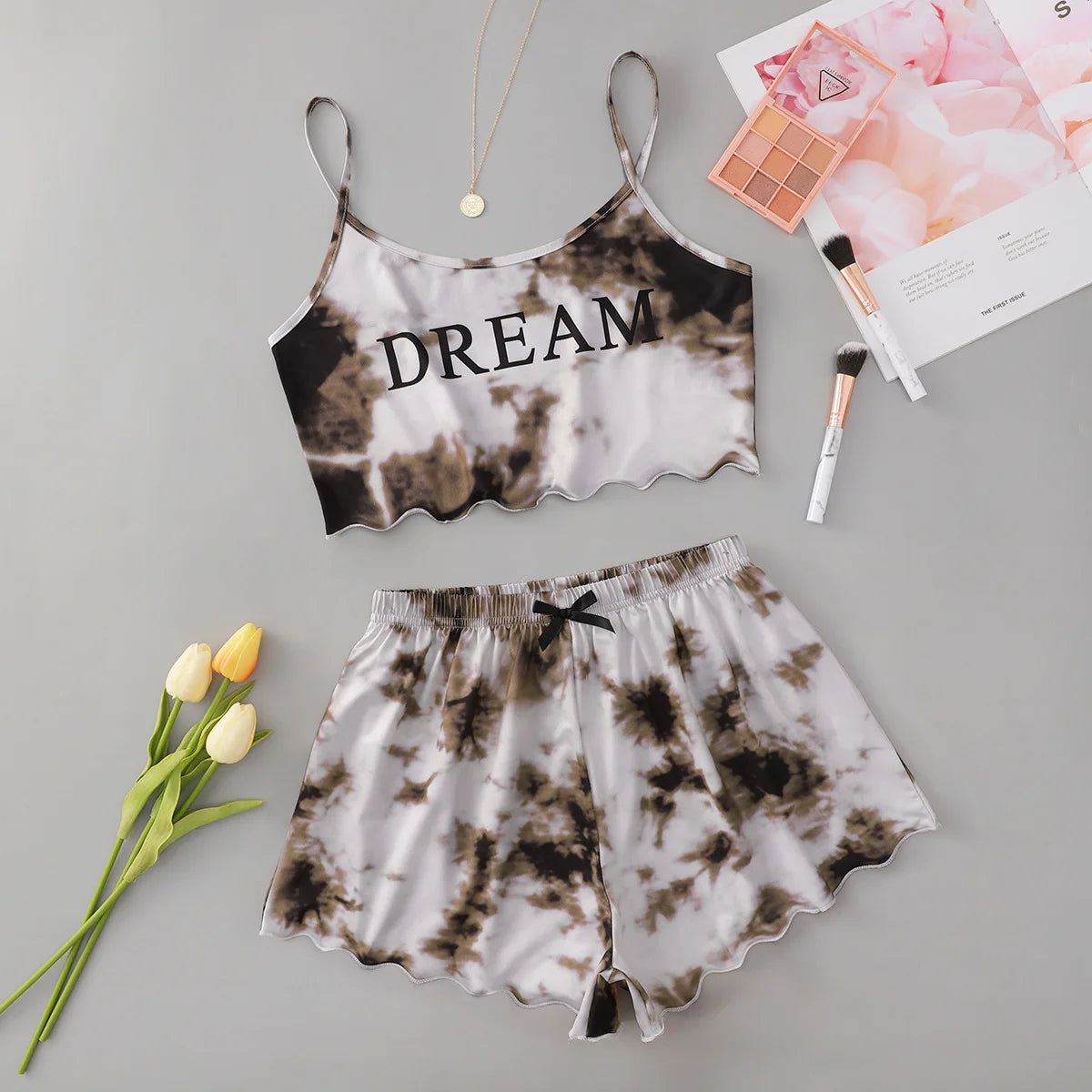 Y2K Tie Dye Dream Grafik-Pyjama-Set für Damen, Cami-Crop-Top und Shorts, zweiteilige Nachtwäsche, Loungewear, sexy Salatbesatz, neu und heiß