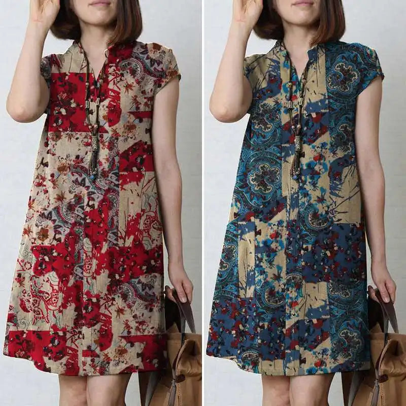 Zanzea Vintage Sommerkleid Sommer knielanges Kleid Frauen Kurzarm lässig Urlaub Kleider Bohemian Blumen gedruckt Vestidos Robe