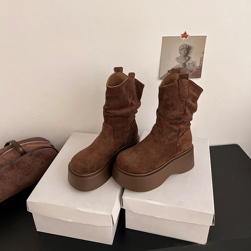 Chunky Platform Thick Sole Woman Ankle Boots Design Round Toe Slip On Shoes 2025 Autumn Winter Short Botas Para Mujer