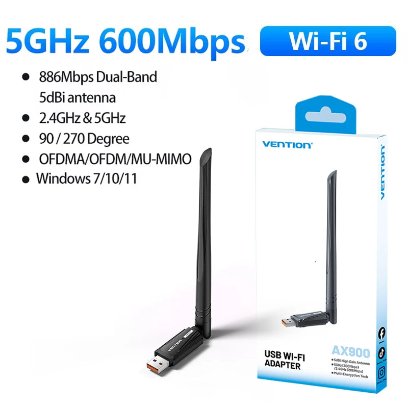 Vention New USB WiFi 6 Adapter 5G/2.4G 600Mbps Wireless WiFi Receiver Antenna Network Card Dongle LAN for Laptop PC Win 10/11