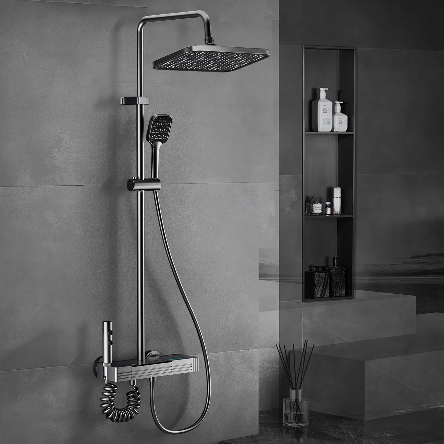 Bathroom Shower System LED Light Shower Head Set Brass Mirror Thermostatic Bathtub Faucet Digital Display Hot & Cold Showers