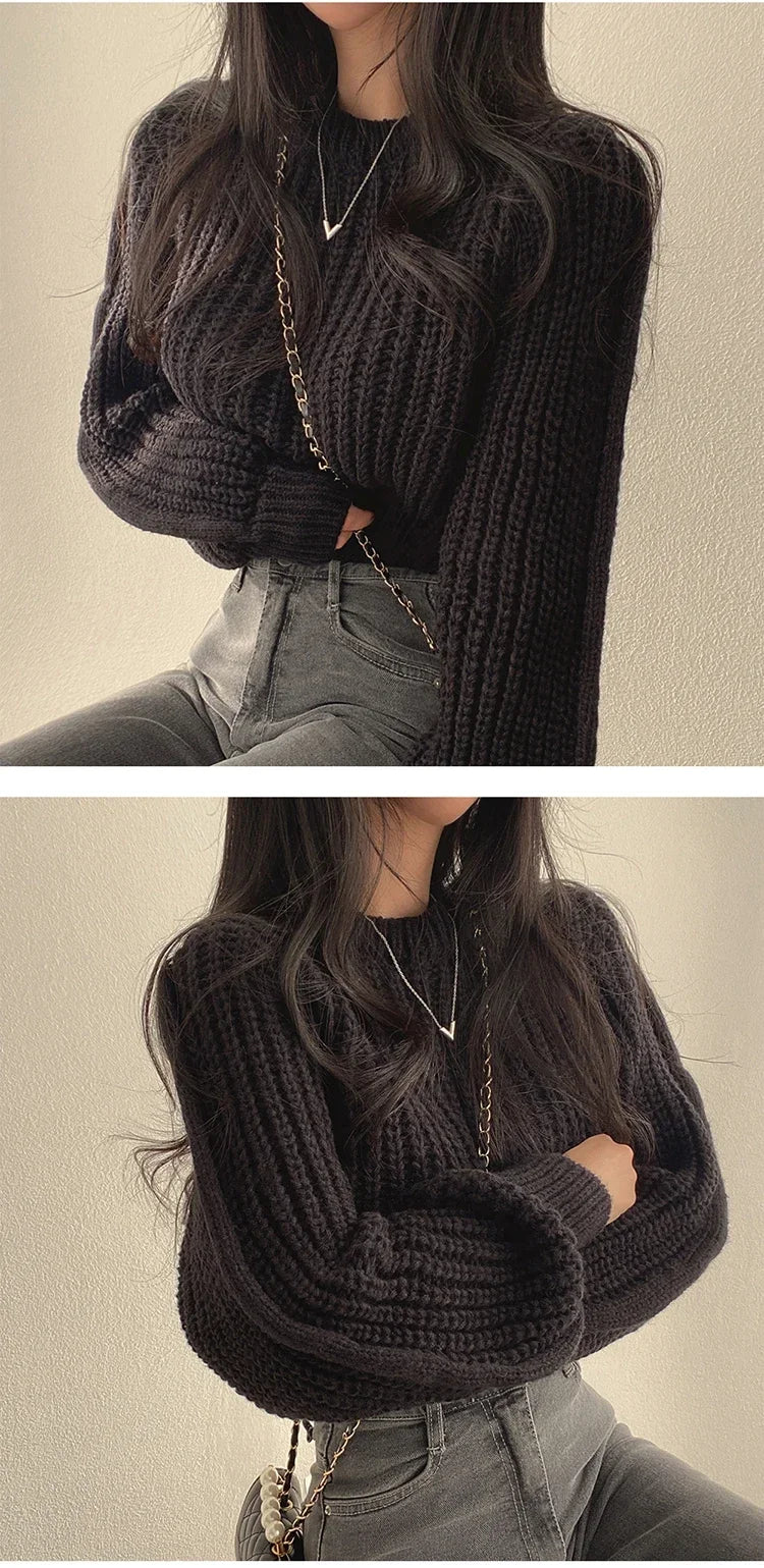 Lose Vintage Harajuku Laterne Langarm Frauen Pullover Koreanische Herbst Winter Strickwaren Weiche Warme Tops Chic Solide Femme Pullover