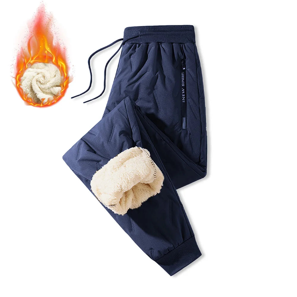 Winter Sweatwear Men's Plush Thick Sweatpant Thermal Zipper Pocket Trousers Casual Jogger Outdoor Windproof Thickened Pants.