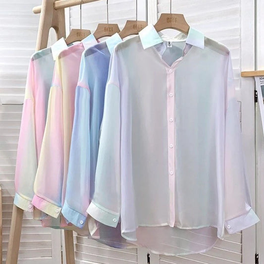 Irregular Gradient Rainbow Long Sleeved Shirt And Blouses Thin Youthful Women's Clothing Loose Top Pink Casual Transparent New.
