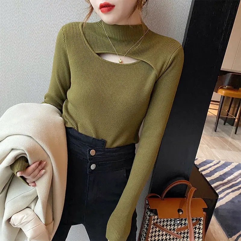 Herbst Winter Gestricktes Hemd Frauen Pullover Stricken Pullover Tops Mode Weibliche Lange Hülse Dünne Elastische Dünne Pullover Shirts