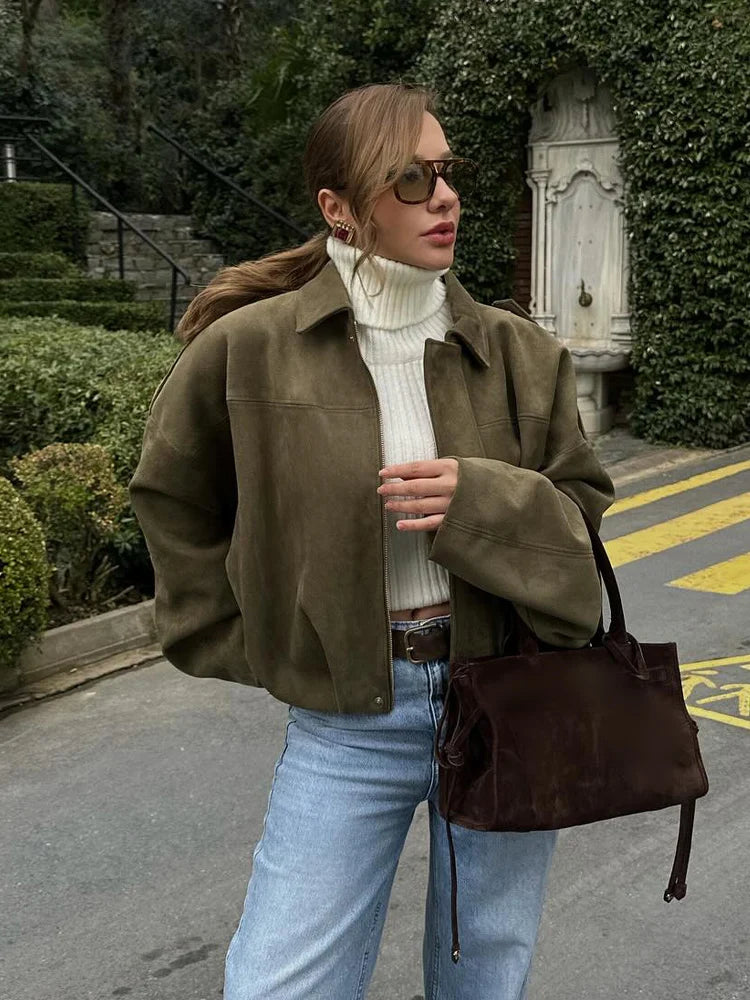 TRAFZA Damen-Jacke mit Wildleder-Textur, High Street, lange Ärmel, Umlegekragen, elastischer Reißverschluss, Knopfleiste, solider, trendiger Frühlingsmantel
