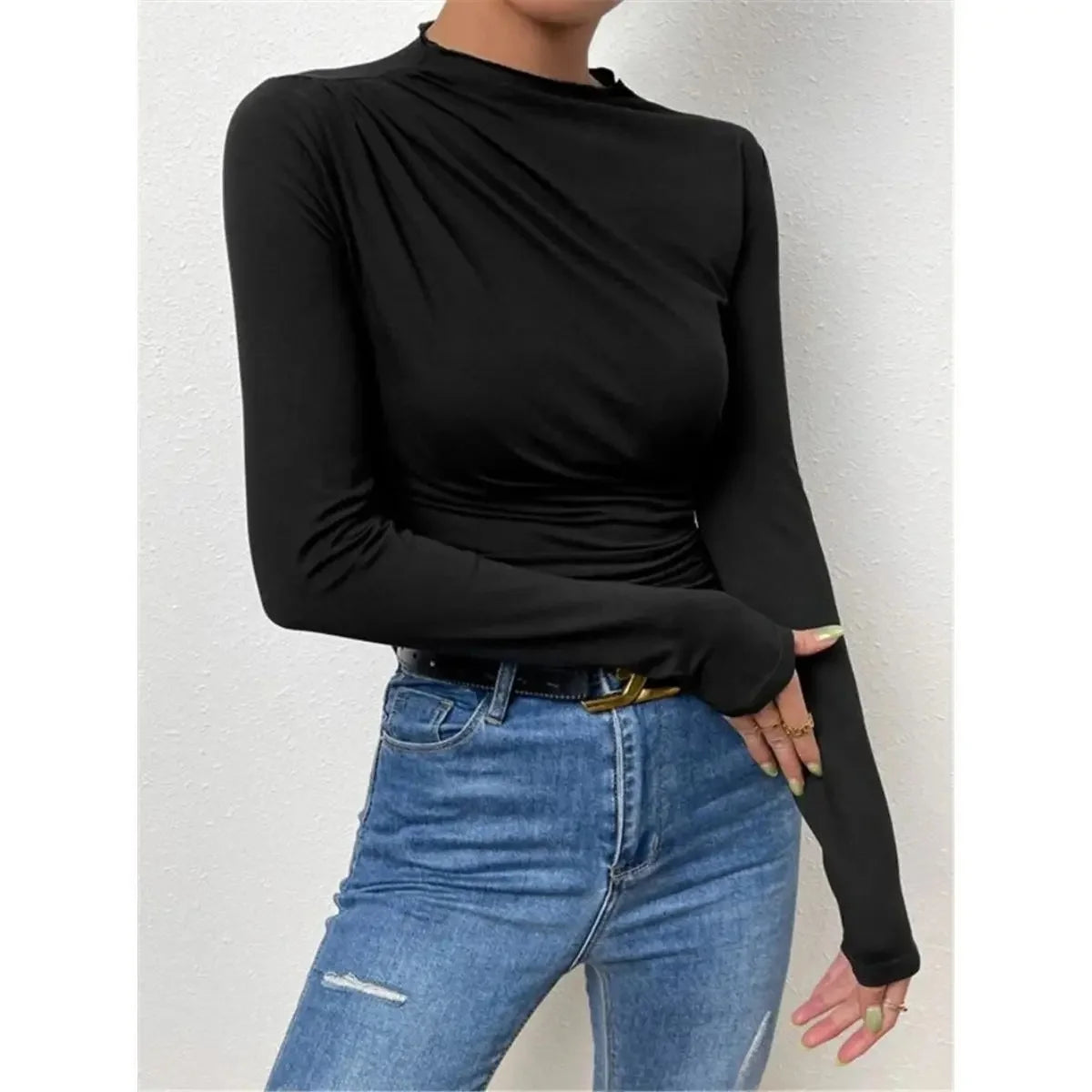 Slim Fit Long Sleeve Women's T-shirt Pure Color Design Pleated Detail Base Shirt Ladies Top Quality Material Comfortable Wear