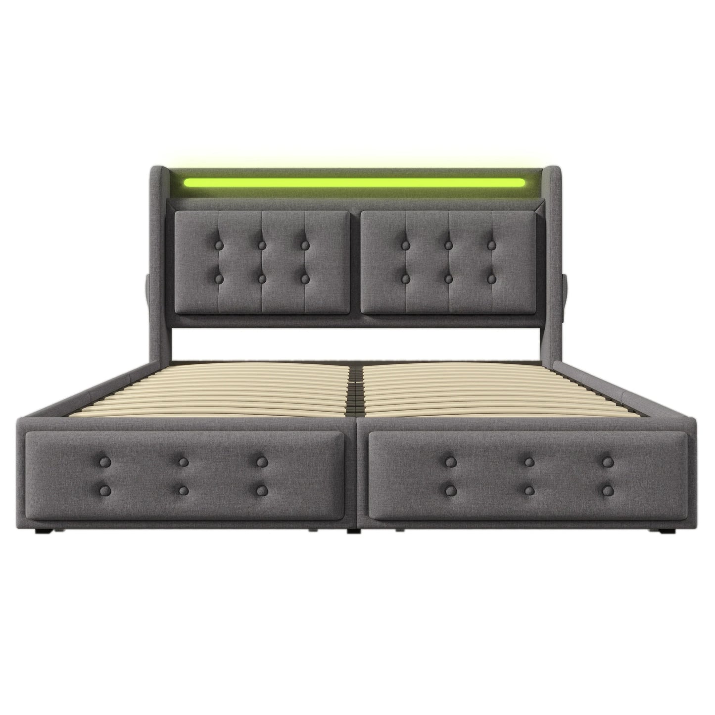 KOMHTOM Doppelbett Baumwolle - LED-Kopfteil, USB C Ladefunktion, 4 Schubladen, ohne Matratze