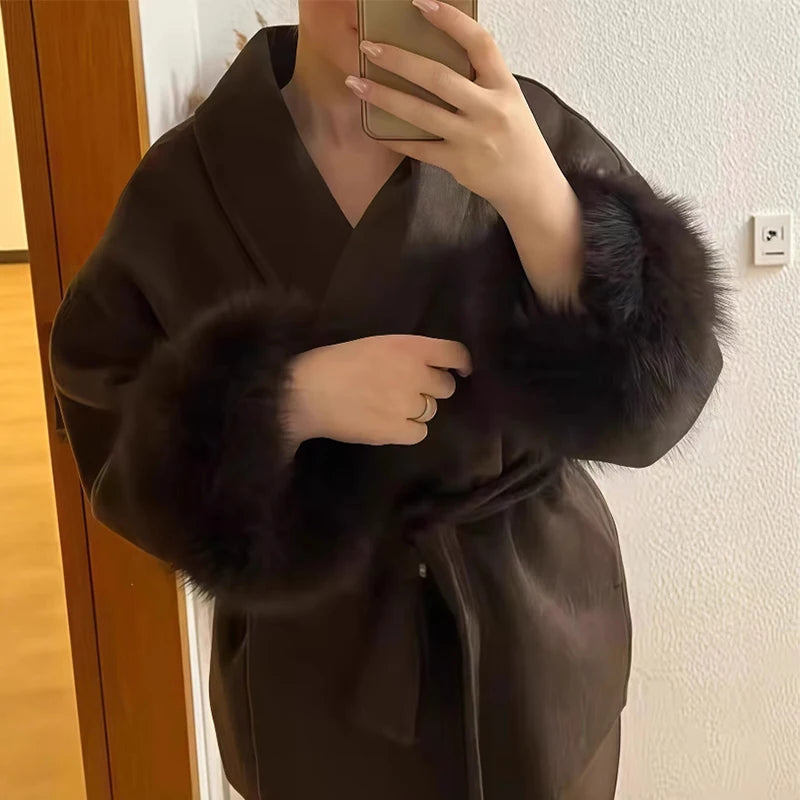 2025 Chic Revers Plüsch Mantel Mit Gürtel Frauen Vintage Feste Faux Pelz Hülse Tweed Offene Mäntel Weibliche Herbst Casual Straße outwear