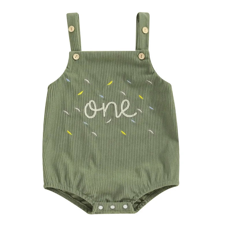 Baby ersten Geburtstag Stram pler, ärmellose Knopf verschluss Buchstaben Bodysuit lässige Overalls für Mädchen Jungen