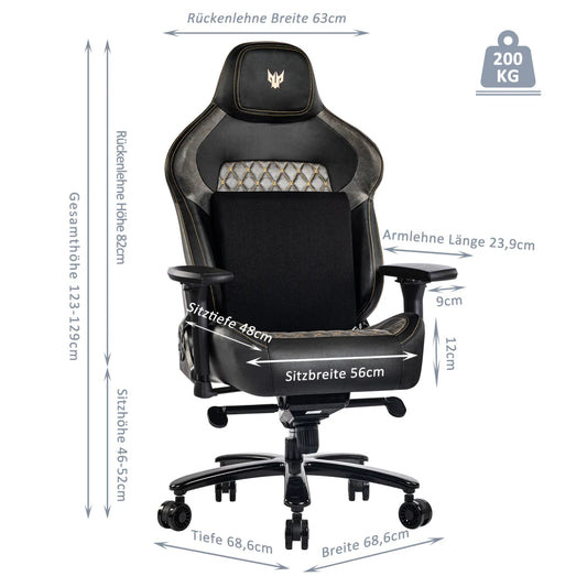 Gaming-Stuhl, Tragkraft 200 kg, verstellbare Armlehnen, 4D-Gaming-Stuhl mit Lordosenstütze, Chefsessel, ergonomischer Bürostuhl