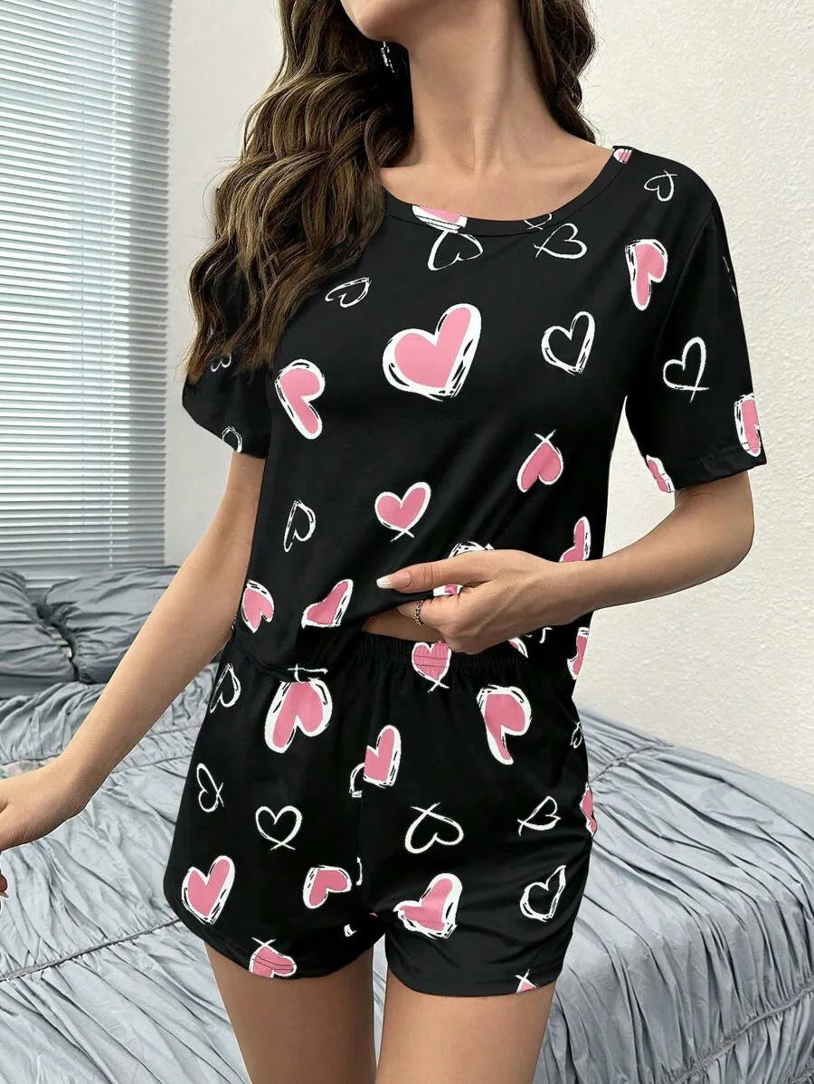 Damen New Style Pyjamas Kurzarm Top Herz Muster Shorts lässig elegante zweiteilige Home Wear