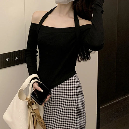Female One Shoulder Long Sleeve Slim Fit Solid Color Top Suitable for Club Vacation Holiday and Daily Wear Across Seasons.