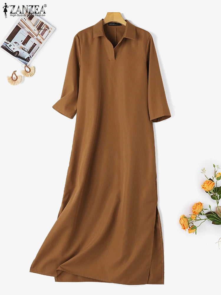 Zanzea Mode Frühling Revers Hals 3/4 Ärmel solide Kaftan Sommerkleid elegante Frauen langes Hemd Kleid Robe Femme Arbeit Party Vestido