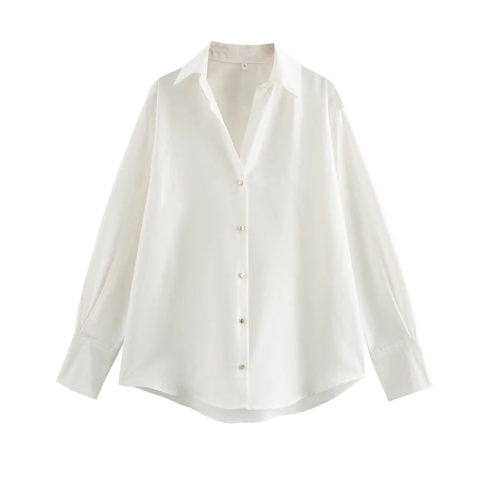 Women's Chic Lapel Collar Blouse Long Sleeve Button-Up Fashion Flowing Top Elegant Female Shirt Office.