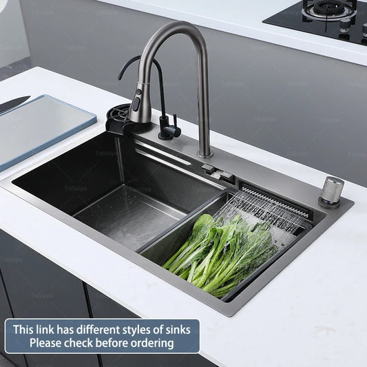 Stainless Steel New Kitchen Sink Household Piano Keys Multifunctional Waterfall Large Single Slot Dish and Vegetable Wash Basin