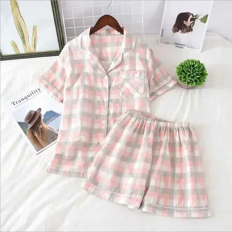 Japanische einfache kurze Pyjamas Frauen 100 % Baumwolle kurze Ärmel Damen Pyjama Sets Shorts süße Cartoon Nachtwäsche Frauen Homewear