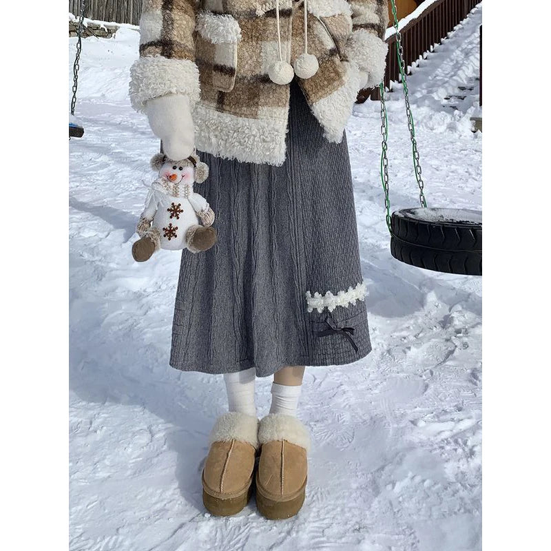 Clothes for Women Autumn Winter Japanese Style Kawaii Sweet Chic Knitted Skirts Female High Waist Solid Loose A-line Midi Skirt