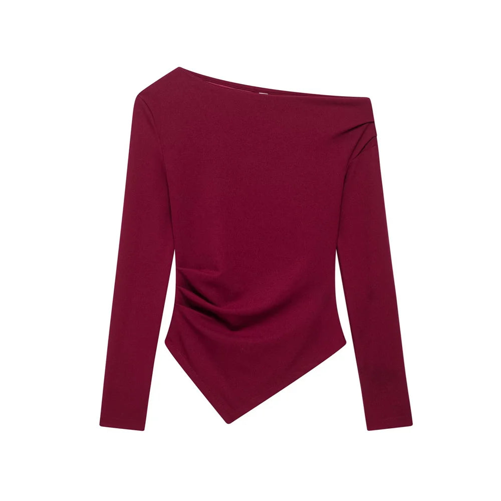 Women's Asymmetric Elastic Top Solid Color Long Sleeve Slant Neck Decoration Spring New Casual Women's Top.