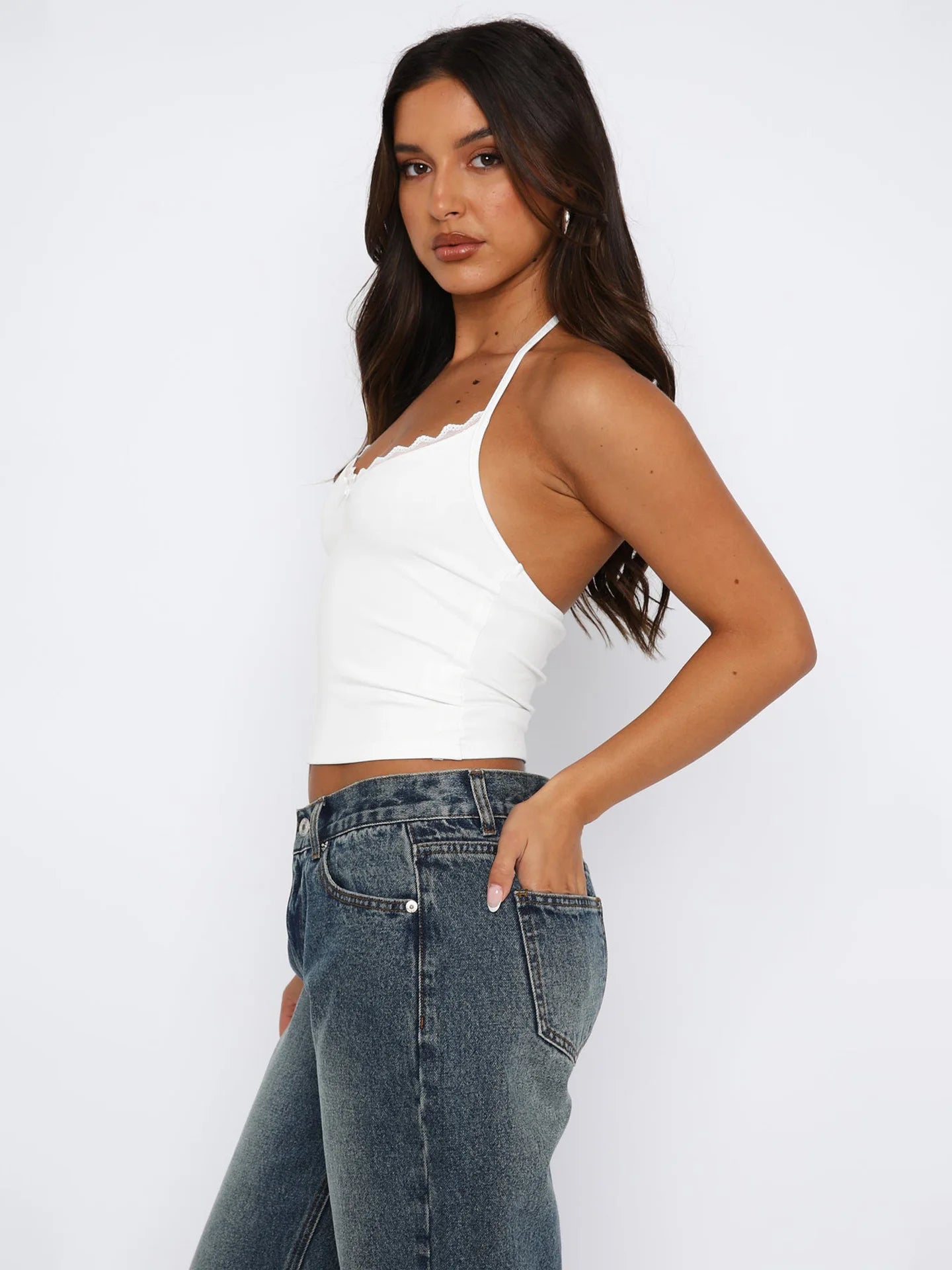 Neue Hals hängende Weste Damen Y2K Sexy Crop Top mit freiliegendem Nabel BM Strapsbasis und ärmelloses Slim Fit Top Tank Top