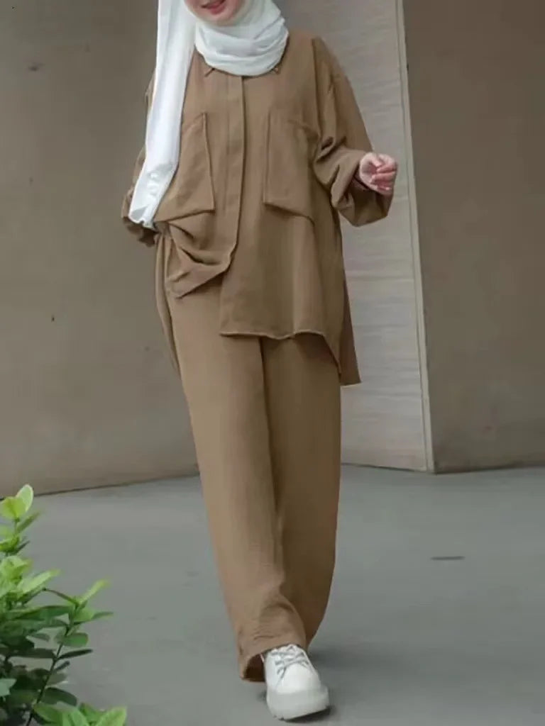 Frauen Casual Muslimischen Anzug Solide Abaya Eid Ramadan Langarm Bluse + Hosen 2-teiliges Set Dubai Türkei Kaftan Frauen islamische Kleidung