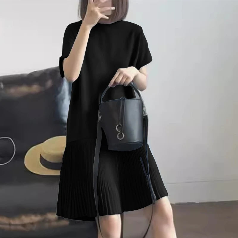 Zanzea lässig solide plissierte Kleid Frauen Sommer Kurzarm knielange Robe 2024 koreanische lose einfache Patchwork Vestido Overs ize