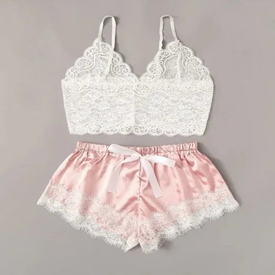 Sommer 2Pcs frauen Neue Sexy Spitze Sehen-Durch Pyjamas Schwarz Rosa Nette Kleidung Atmungsaktivem Hosenträger Shorts set