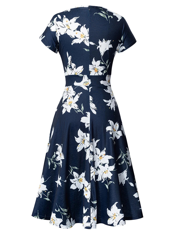 Nice-forever Vintage Elegante Blumen Druck Plissee Rundhals vestidos A-Line Pinup Business Party Frauen Flare Swing Kleid A102