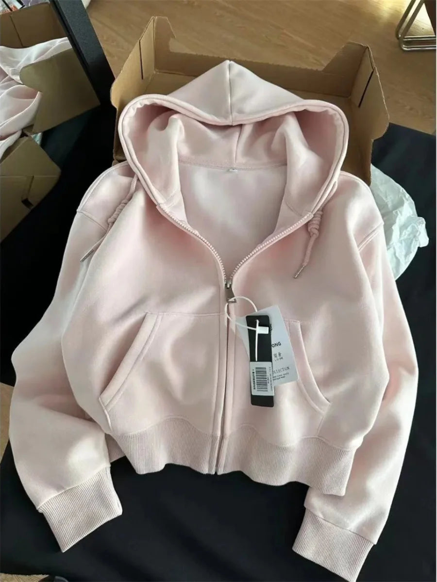 Frühherbstliche, schicke, lässige Kapuzenjacke, schmale Passform, langärmeliges, kurzes Oberteil, warme Strickjacke mit Reißverschluss, koreanischer Stil, Kapuzenpullover