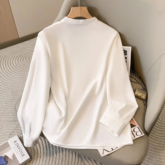 Big Size Women Shirts 2025 Spring Autumn Long Sleeve Office Lady V-Neck Solid Color Blouses Elegant and Youth Woman Tops.
