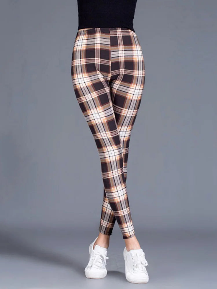 CUHAKCI Weibliche Fitness Leggings Frauen Drucken Plaid Leggings Dame Sexy Dünne Bleistift Hosen Push-Up Elastische Taille Hose
