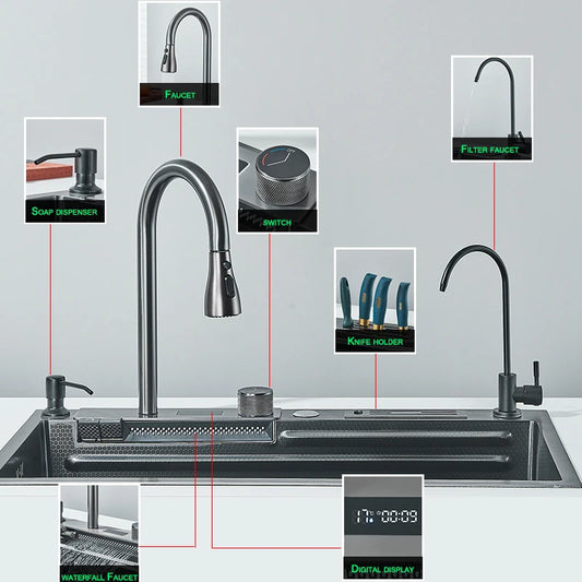 304 High 1uity intelligente Digital anzeige Wasserfall Küchen spüle großer Einzels chlitz integrierte Digital anzeige Wasserhahn Set