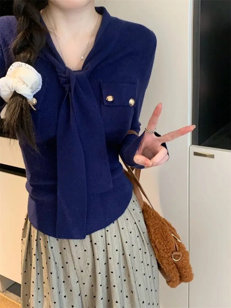 Frauen Frühling Herbst Einfachheit Büro Dame V-ausschnitt Einfarbig Langarm Strickwaren Damen Mode Alle-spiel Temperament Tops