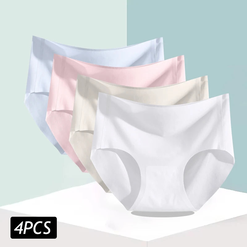 4PCS/Set Women's Ice Silk Seamless Panties Ultra Thin Briefs Breathable Underwear Female High Waist Intimates Lingerie Plus Size