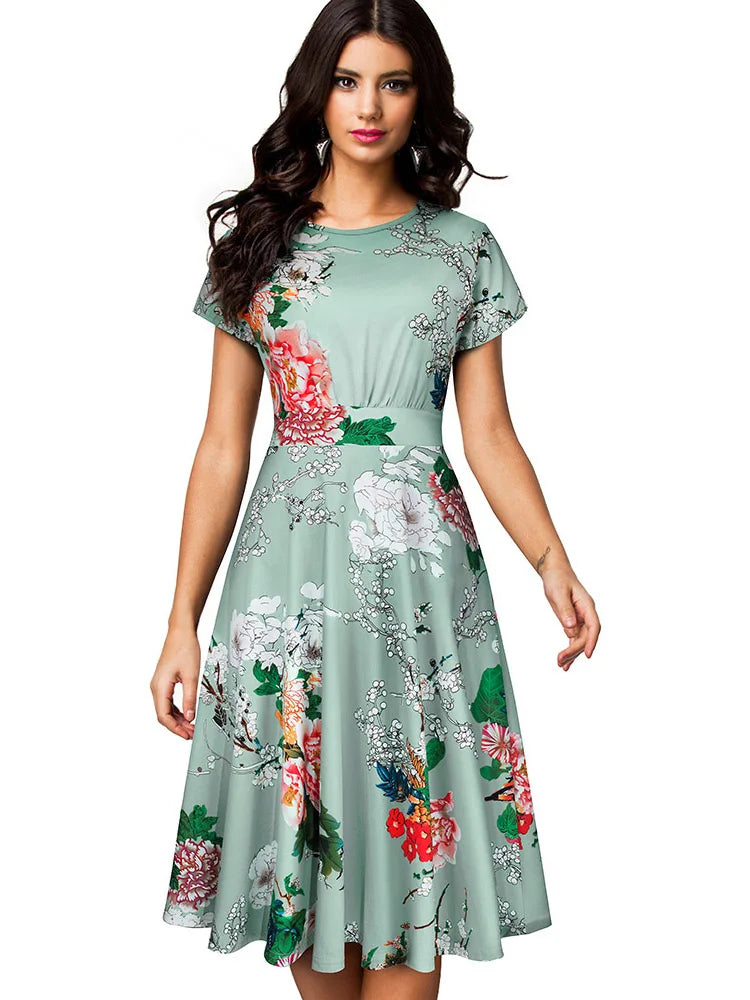 Nice-forever Vintage Elegante Blumen Druck Plissee Rundhals vestidos A-Line Pinup Business Party Frauen Flare Swing Kleid A102
